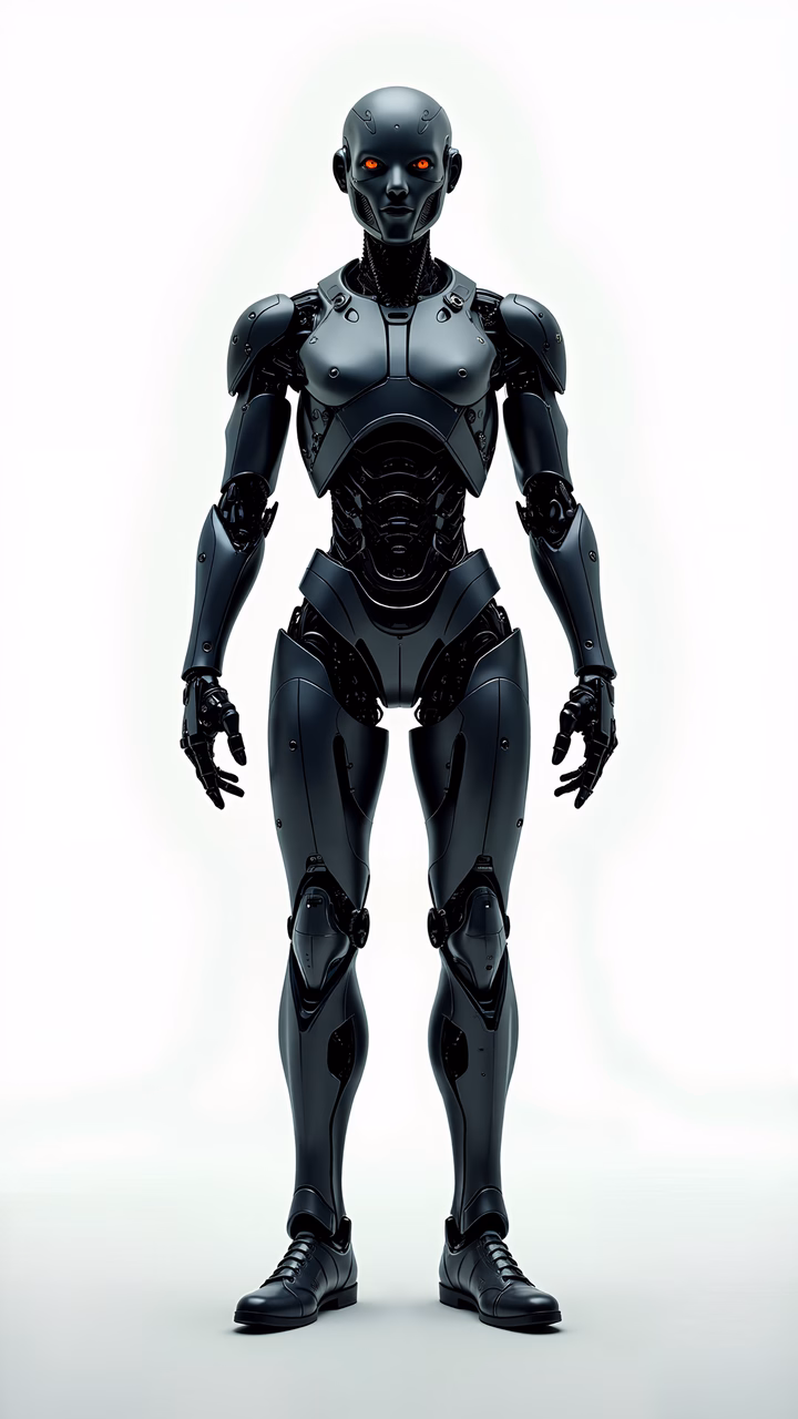 A menacing cybernetic soldier in a high-tech exosuit, standing ready against a white backdrop.
