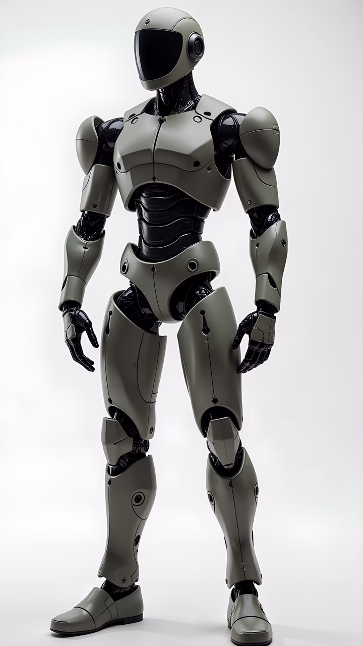 A futuristic cyborg soldier in a sleek, high-tech suit, standing against a plain white background.