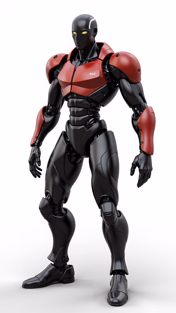 A menacing cybernetic warrior in red and black armor, embodying advanced technology and power.