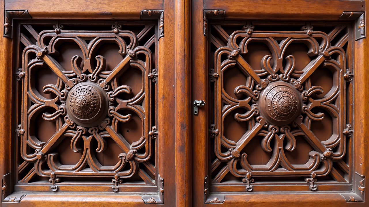 Close-up of intricately carved wooden doors showcasing historical craftsmanship.
