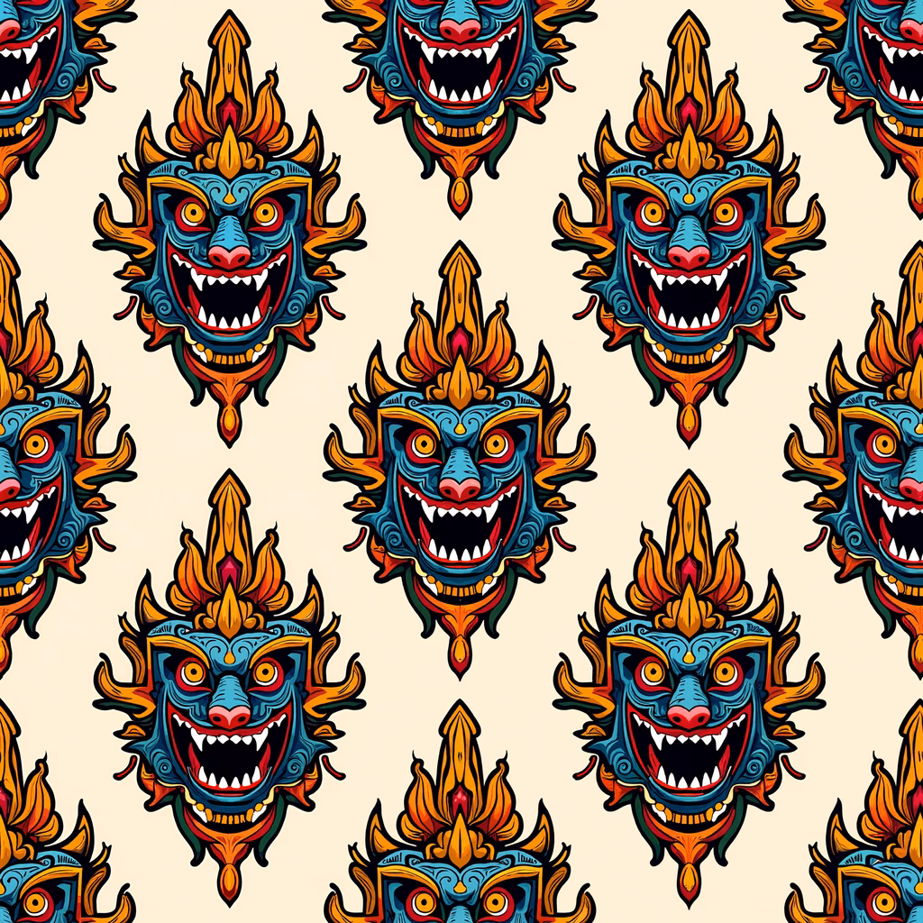 Vibrant demon masks in a bold color palette, creating an intense and dynamic atmosphere.