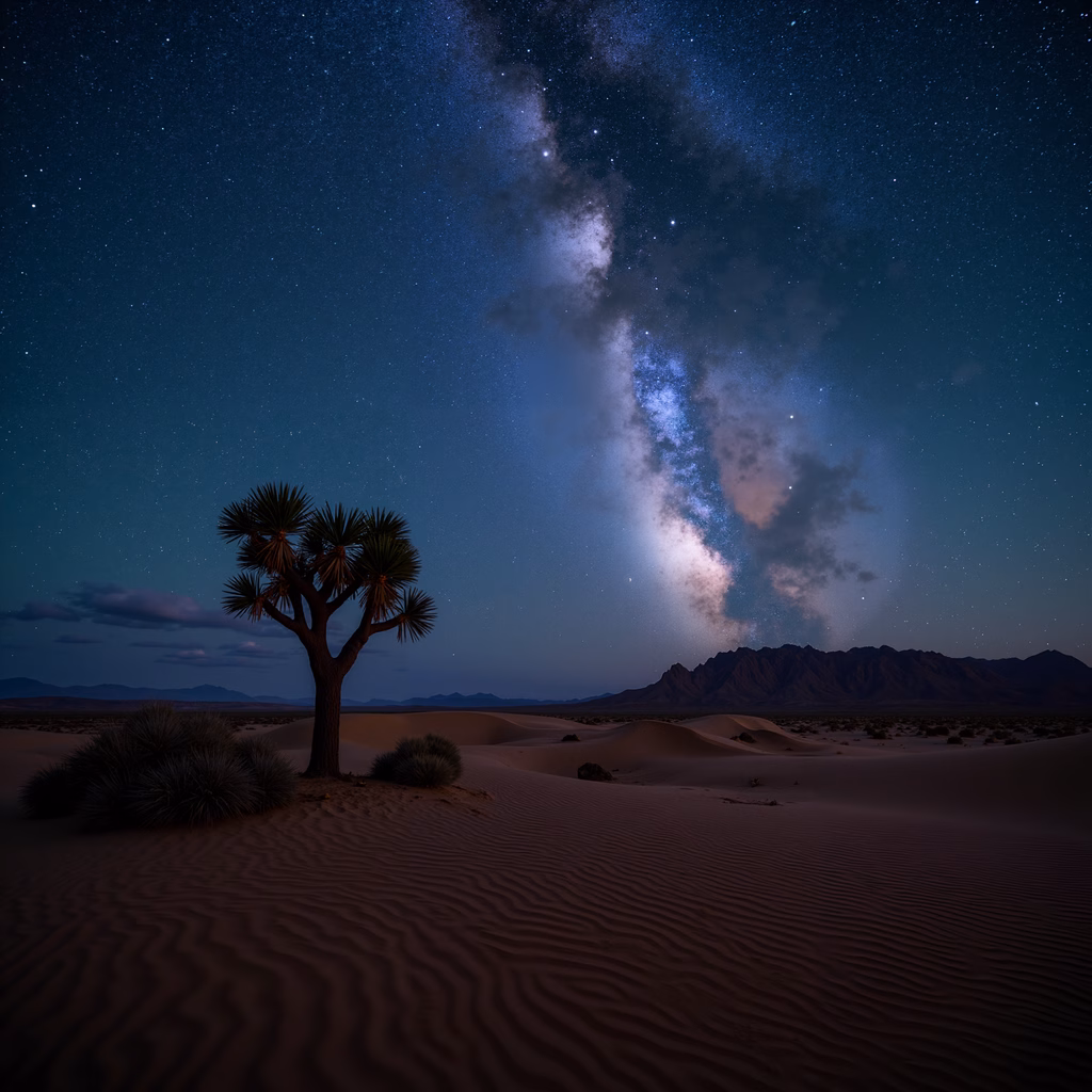 Solitary Joshua tree under the Milky Way in a serene desert night.