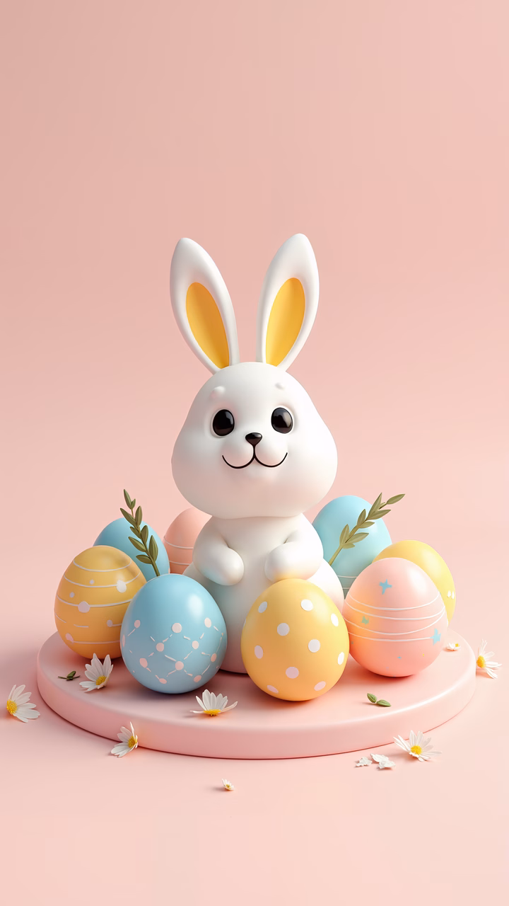 Cute Easter bunny surrounded by colorful eggs and delicate flowers.
