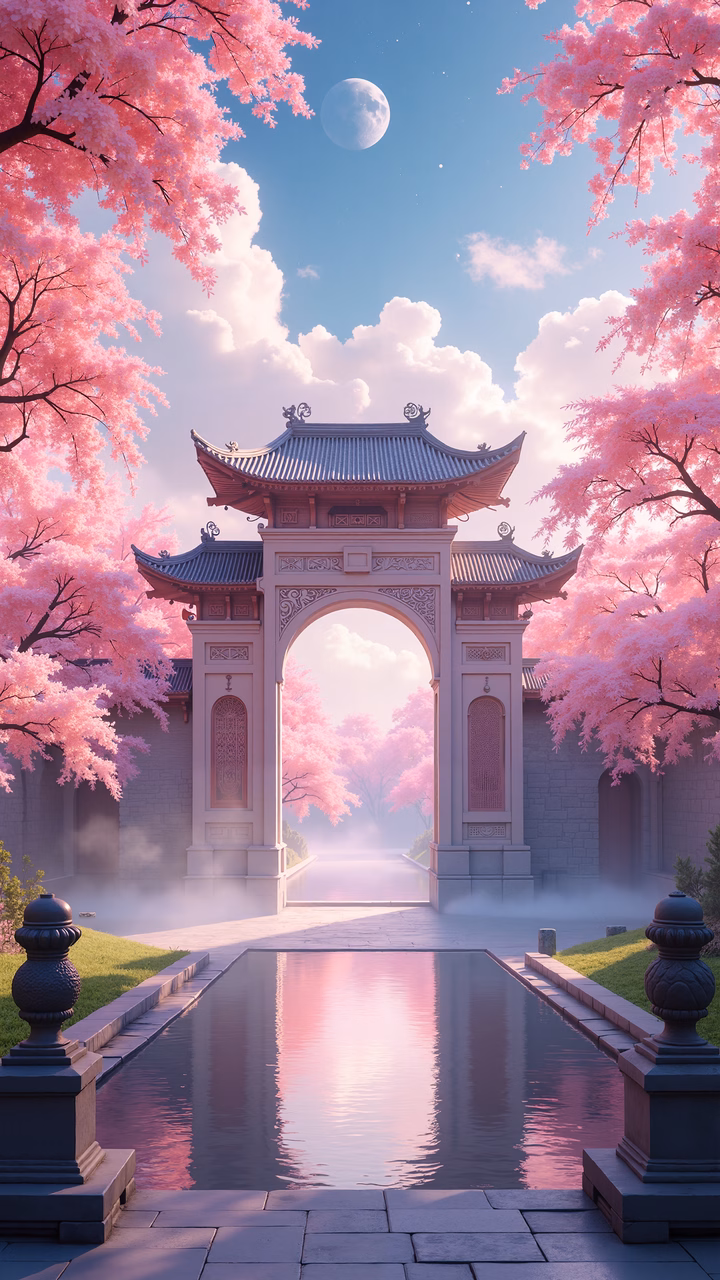 A picturesque scene of a traditional Chinese gate framed by blooming cherry trees against a serene sky.