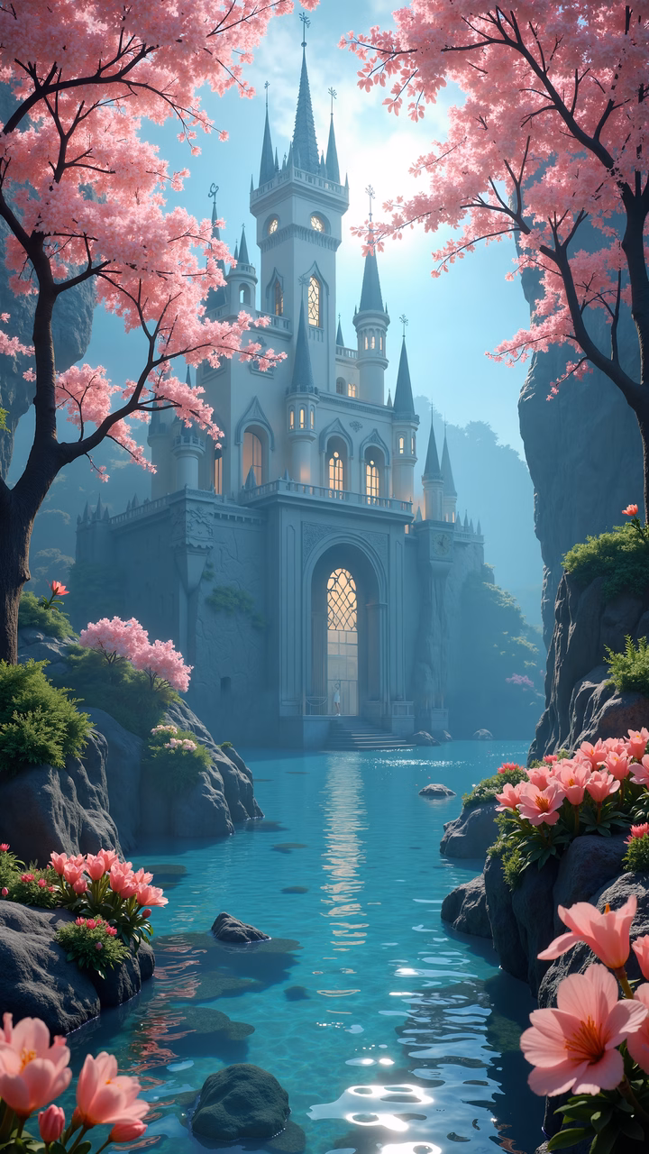 A mystical fairytale castle surrounded by cherry blossoms and calm waters, painted in soft pastel tones.