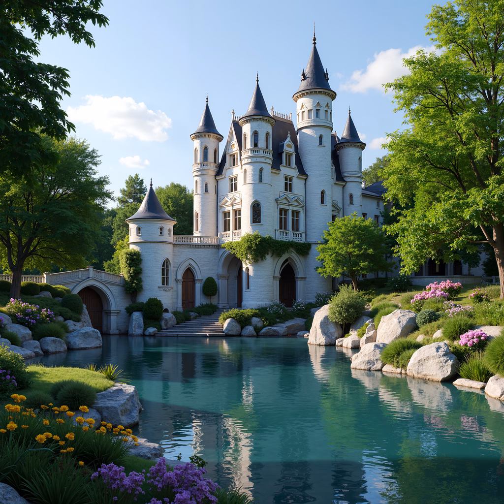 A whimsical fairytale castle surrounded by lush gardens under a clear blue sky.