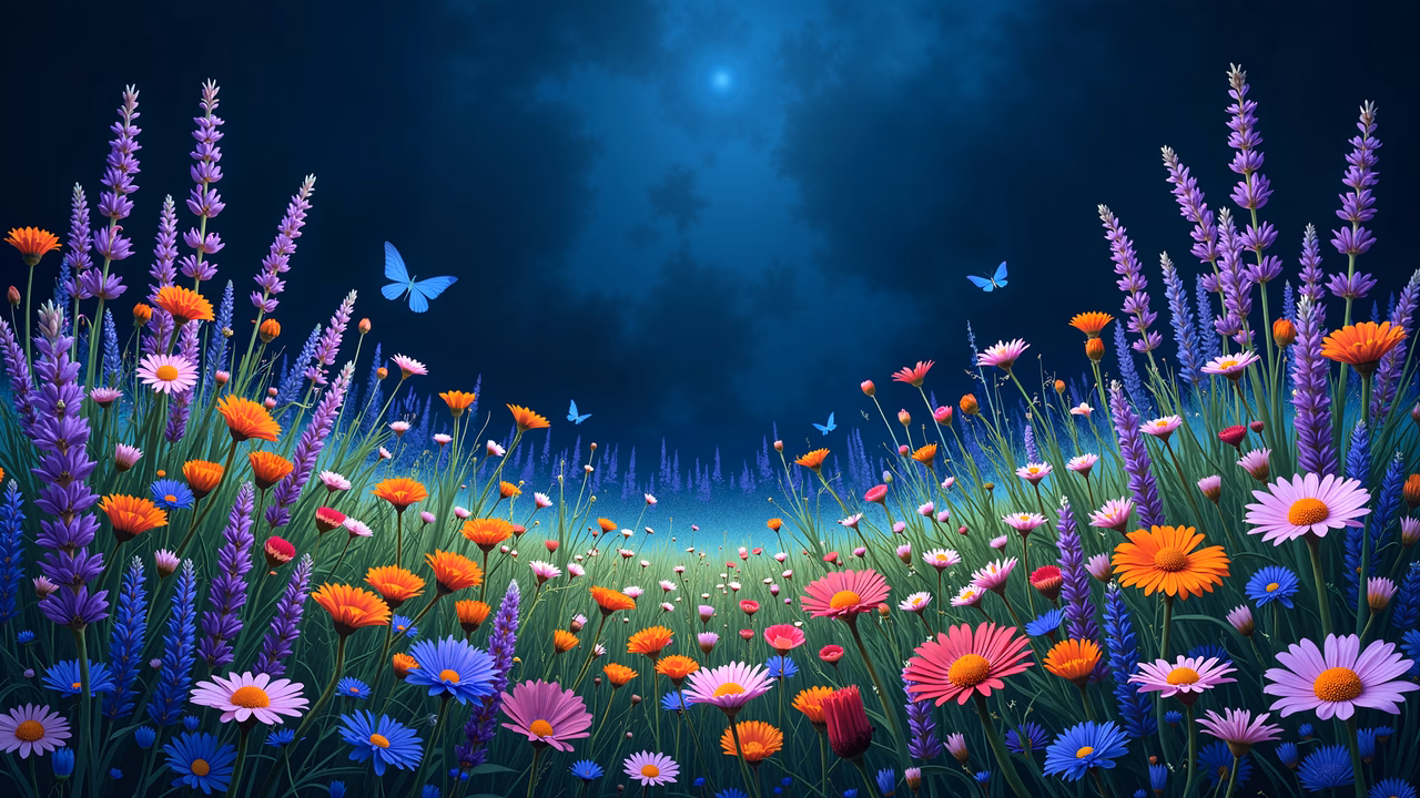 A magical garden scene under a starlit sky, featuring colorful flowers and fluttering butterflies.