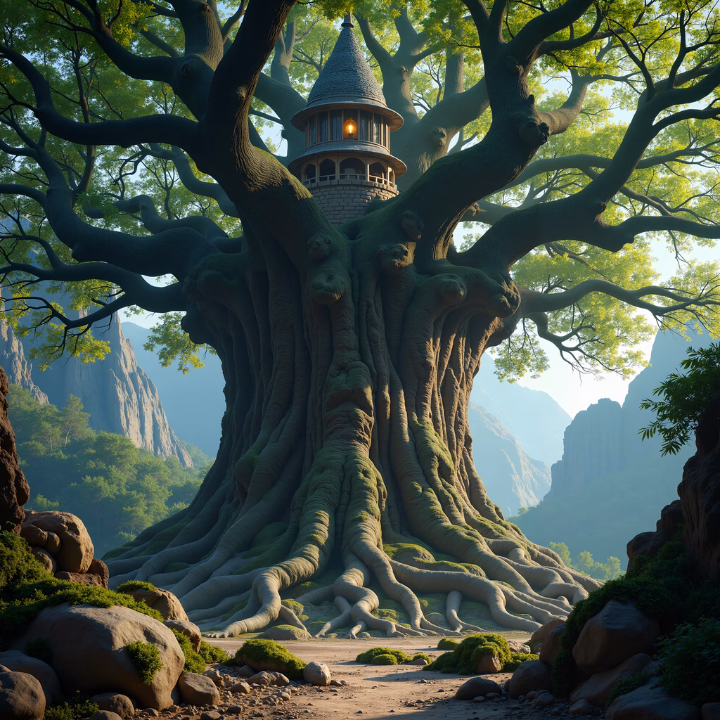 A magical treehouse hidden among the branches of a giant tree, surrounded by nature and mountains.