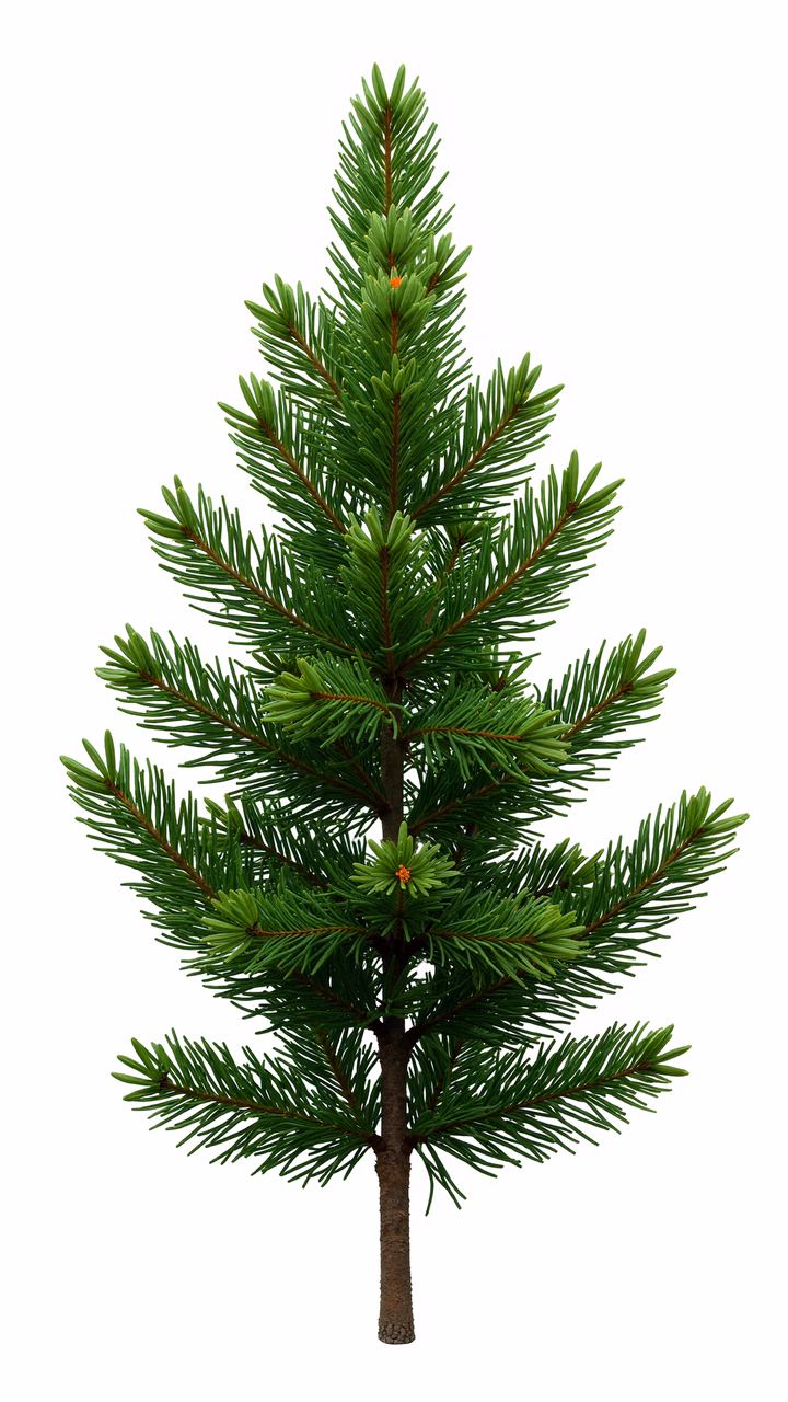 Detailed evergreen tree illustration with vibrant green needles and a sturdy brown trunk.