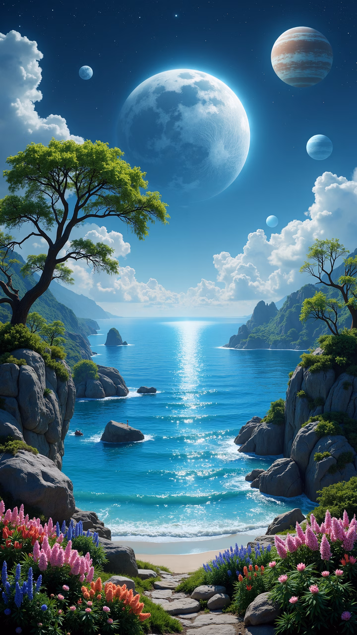 Enchanting fantasy seascape with vibrant flowers and celestial bodies.