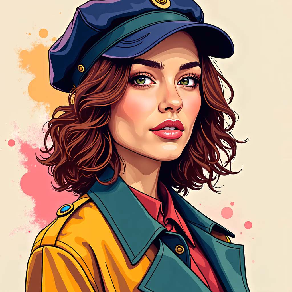 Vibrant fashion illustration with bold colors and detailed textures.