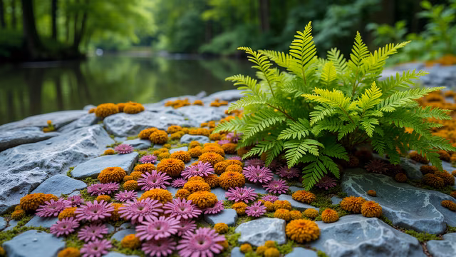 Ferns and Flowers by the Pond