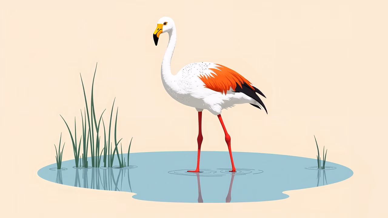 Graceful flamingo in serene water, nature art illustration.