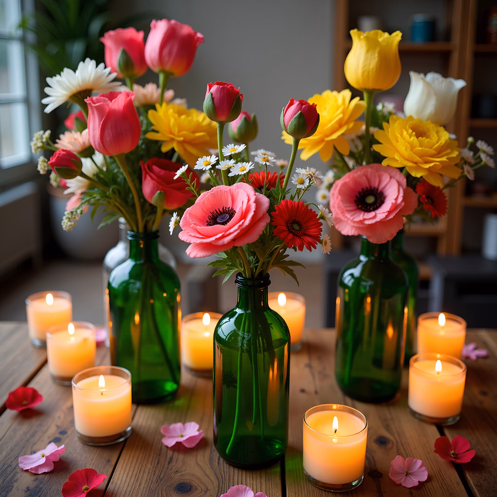 Vibrant floral arrangement with green bottles and candlelit ambiance.