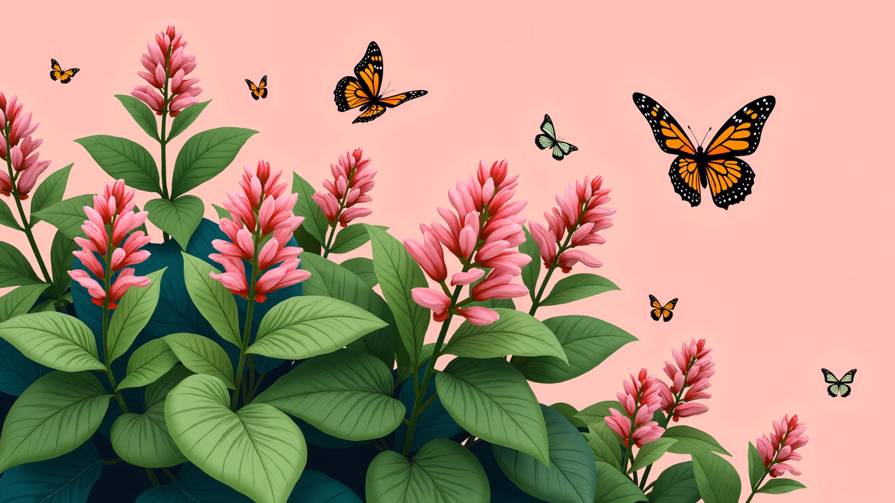Vibrant floral illustration with butterflies and pink background