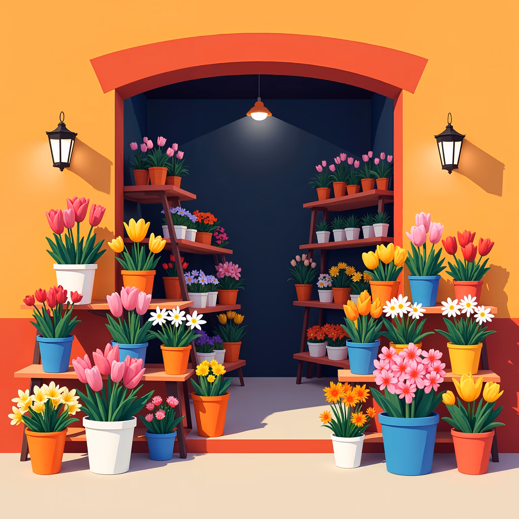 A cheerful floral display outside a shop, featuring tulips and daisies in warm tones.