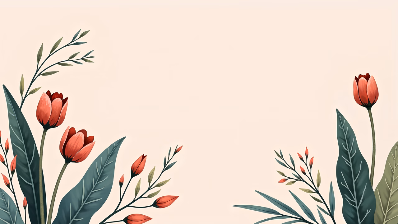 Vibrant floral illustration with red tulips and green leaves on a beige background.