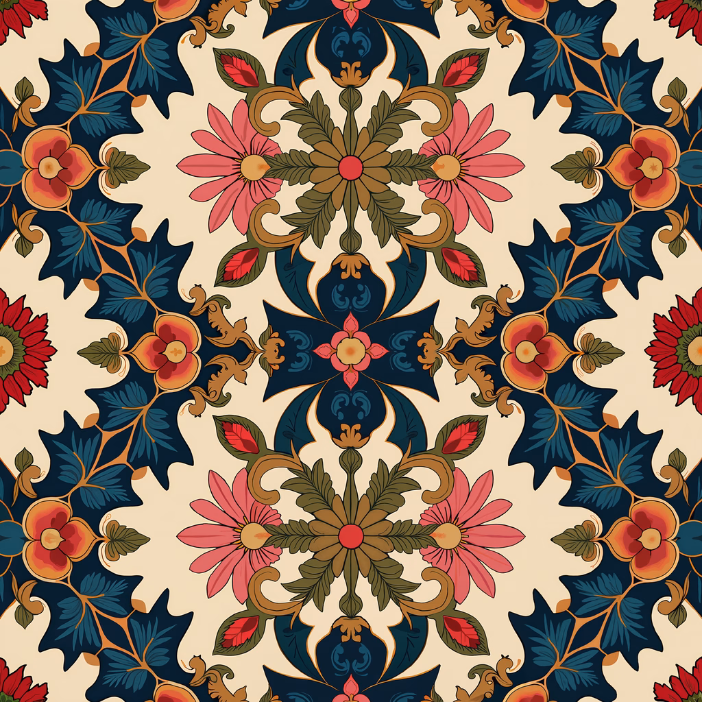 Symmetrical floral ornamentation with vibrant colors and intricate details.