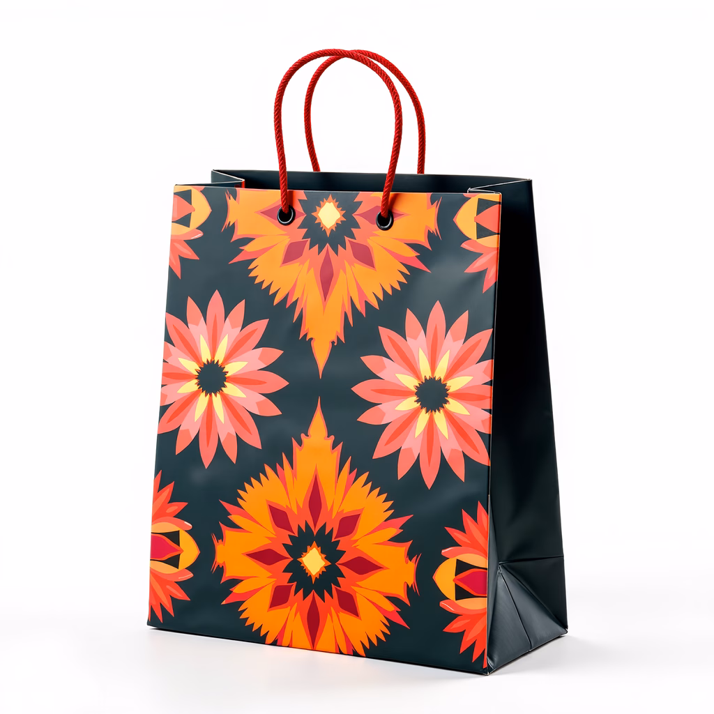 Bold geometric floral pattern on a shopping bag illustration.