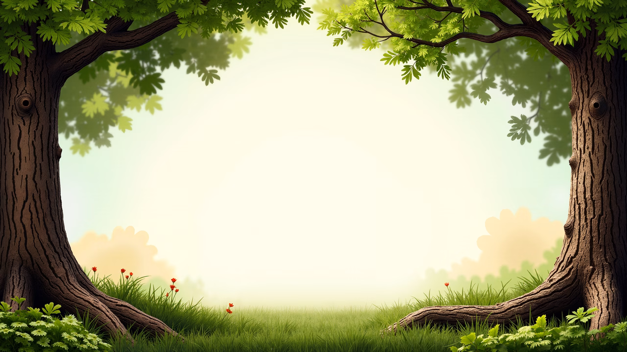 A tranquil forest scene framed by two large trees with vibrant green foliage and red flowers.