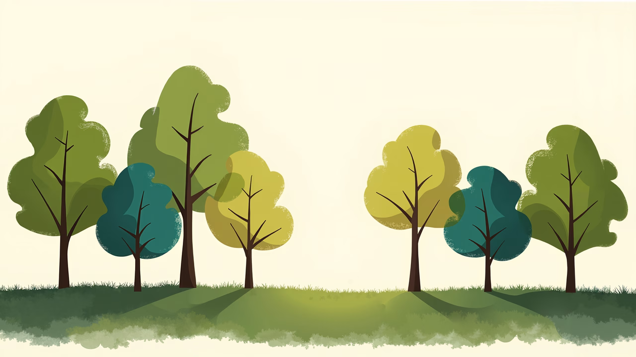 A tranquil forest scene with stylized trees in soft pastel colors.