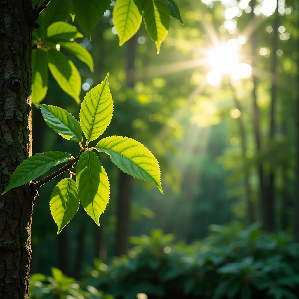 A tranquil forest scene illuminated by golden sunlight, emphasizing nature's serene beauty.