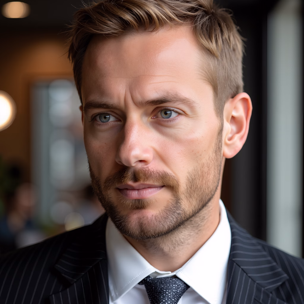 Professional formal portrait of a man in a suit, captured with soft natural lighting.