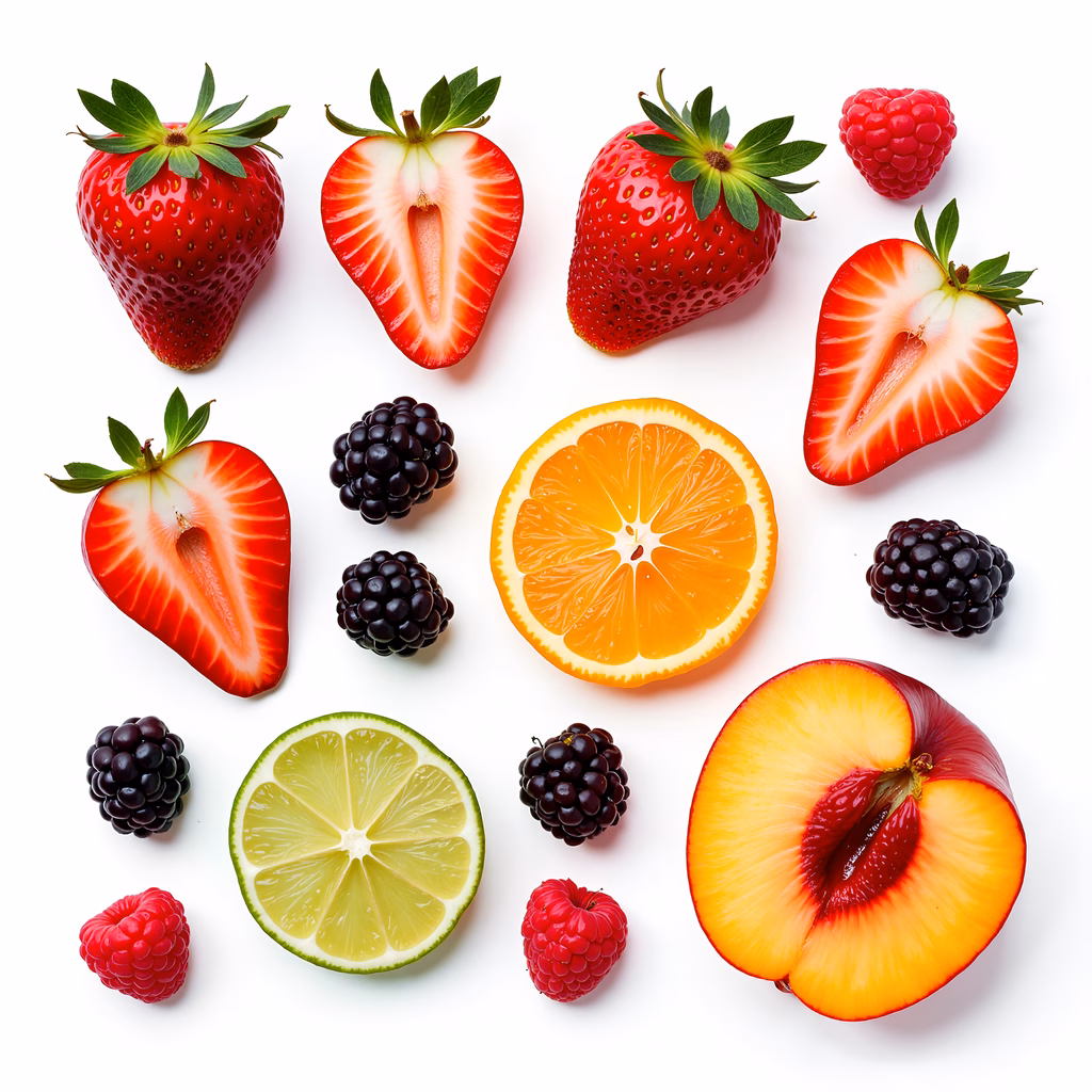 Brightly colored fruits arranged on a white background for a fresh and healthy look.
