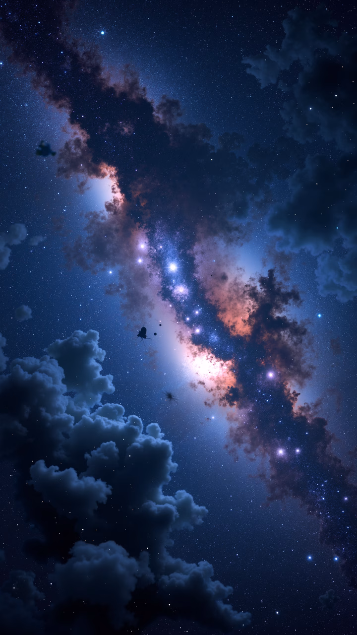 A stunning cosmic illustration featuring a galaxy with vibrant colors and a sense of depth and tranquility.