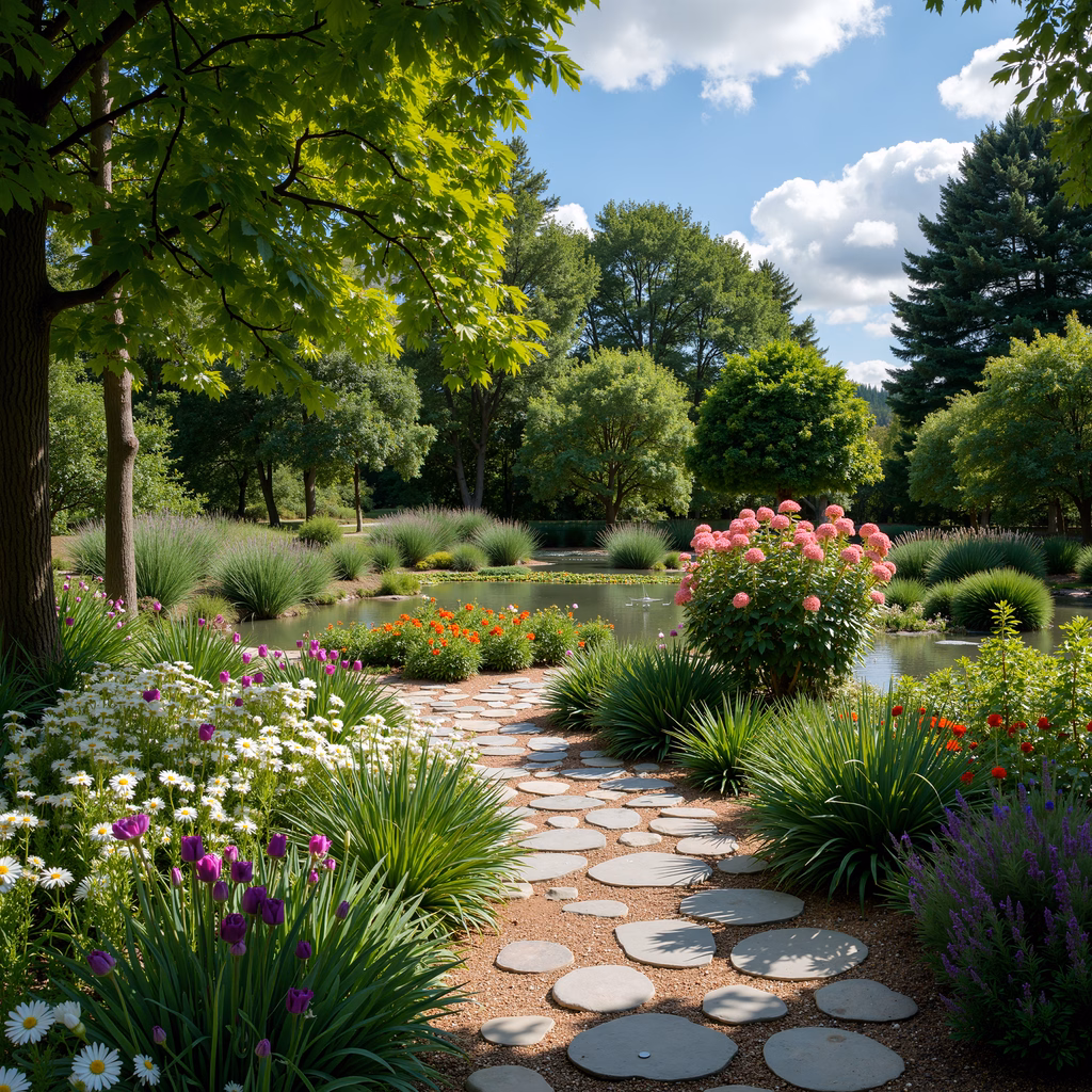 A tranquil garden path surrounded by colorful flowers and lush greenery under a bright sky.