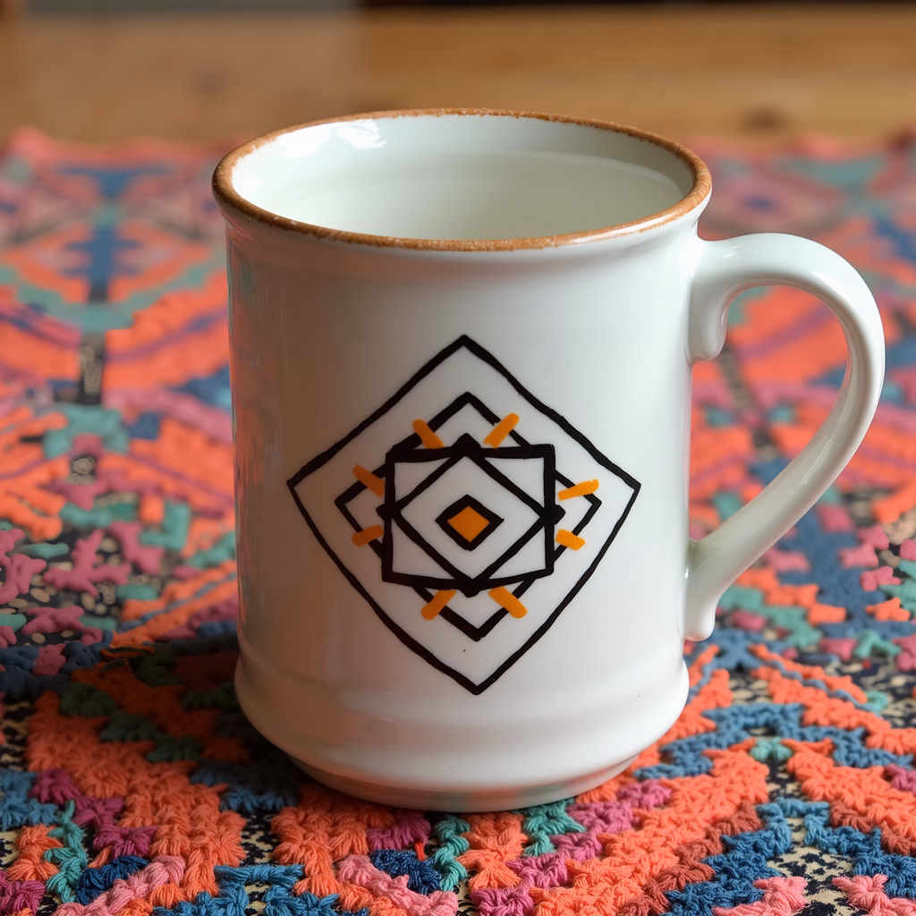 White mug with geometric design on colorful crocheted blanket