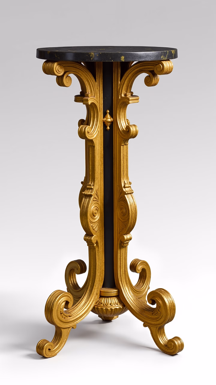 Elegant gilded pedestal table with intricate scrollwork and black marble top.