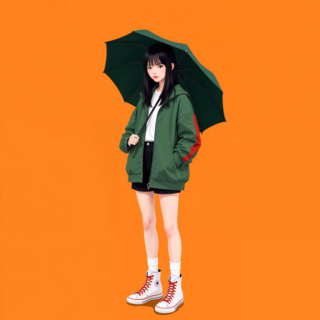 Modern fashion illustration of a girl with a green umbrella against an orange backdrop.