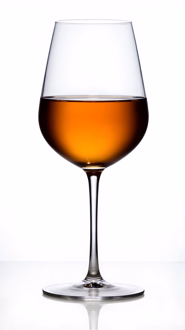 Close-up photo of cognac in elegant glass on white background.