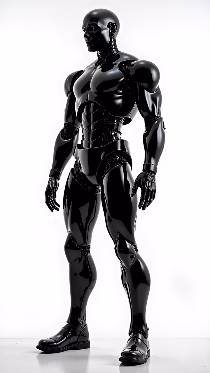 Glossy, muscular robot in black armor, futuristic design, high-tech appearance.