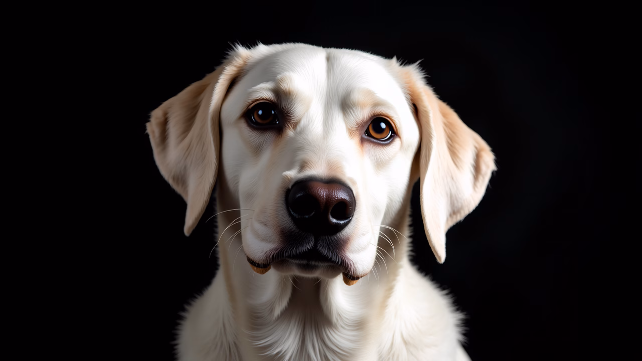 Close-up portrait of a golden retriever with a calm and trusting expression against a black background.