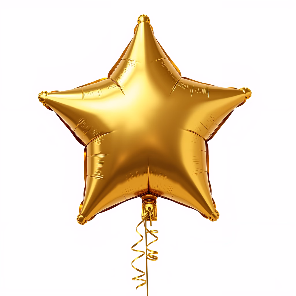 A shiny golden star balloon on a white background, perfect for celebrations.