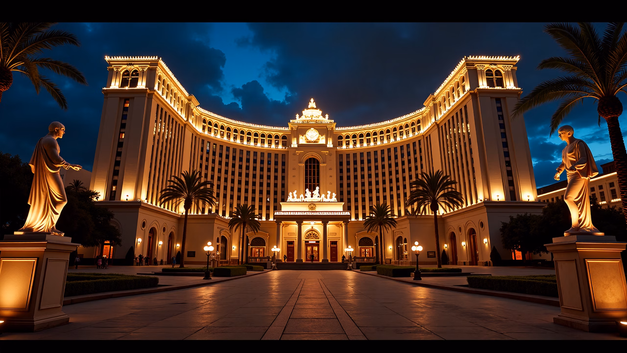 Elegant nighttime view of the Grand Las Vegas Hotel with warm lighting and palm trees.