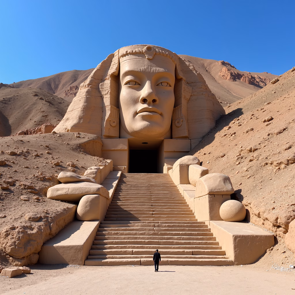 The Great Sphinx of Giza, a monumental sandstone sculpture, stands tall against a clear blue sky and arid desert landscape, evoking awe and reverence.