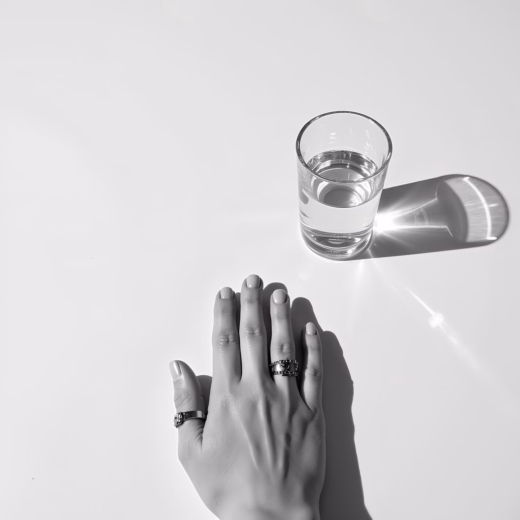 A hand reaches for a glass of water in a minimalist black-and-white composition.