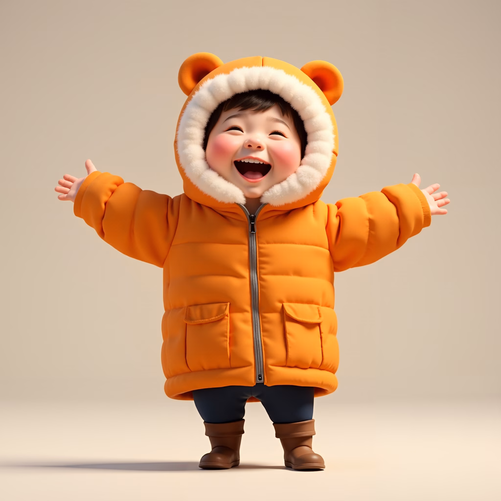Brightly colored bear coat, joyful child, winter fun