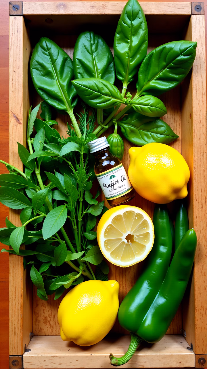 Fresh herbs and lemons in a wooden crate, vibrant and natural