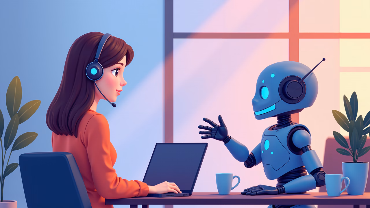 Human and robot engaging in a conversation in a modern, futuristic setting.