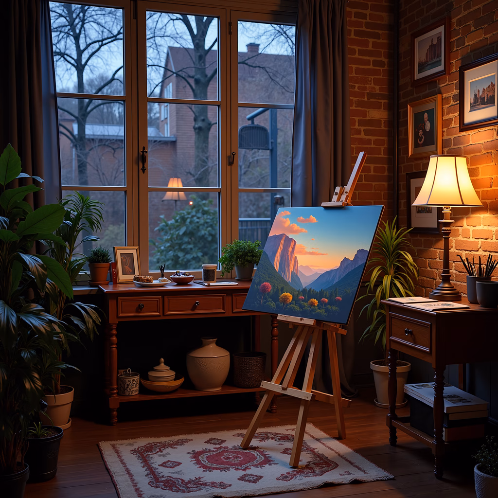 A tranquil art studio with a mountain landscape painting and lush greenery.