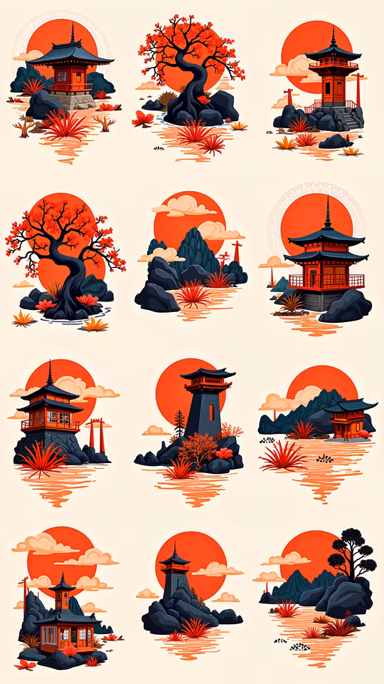 Japanese Pagoda Sunset Illustration