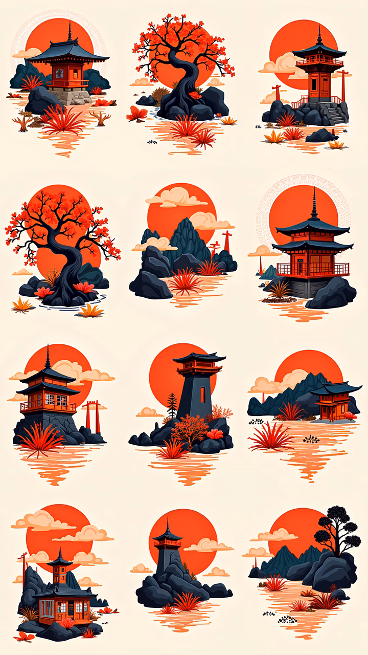 Vibrant Japanese pagoda sunset illustration