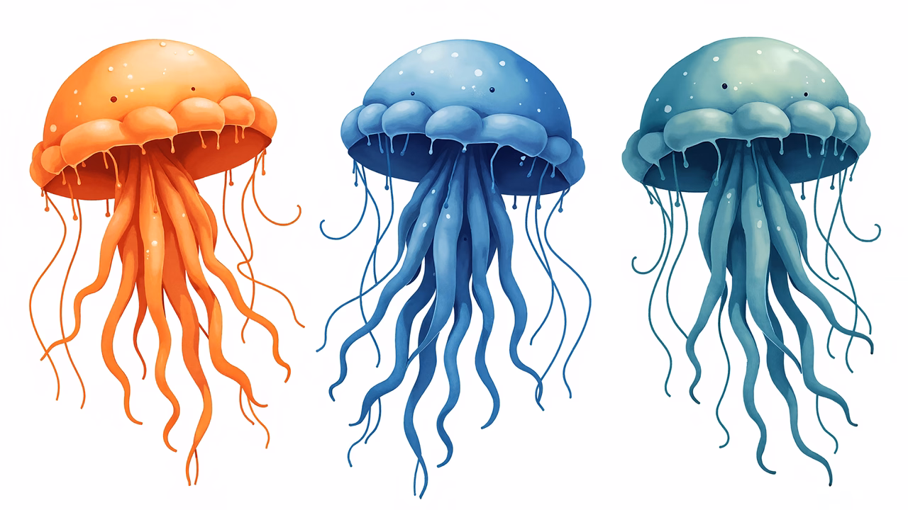 Vibrant jellyfish illustrations in orange, blue, and teal