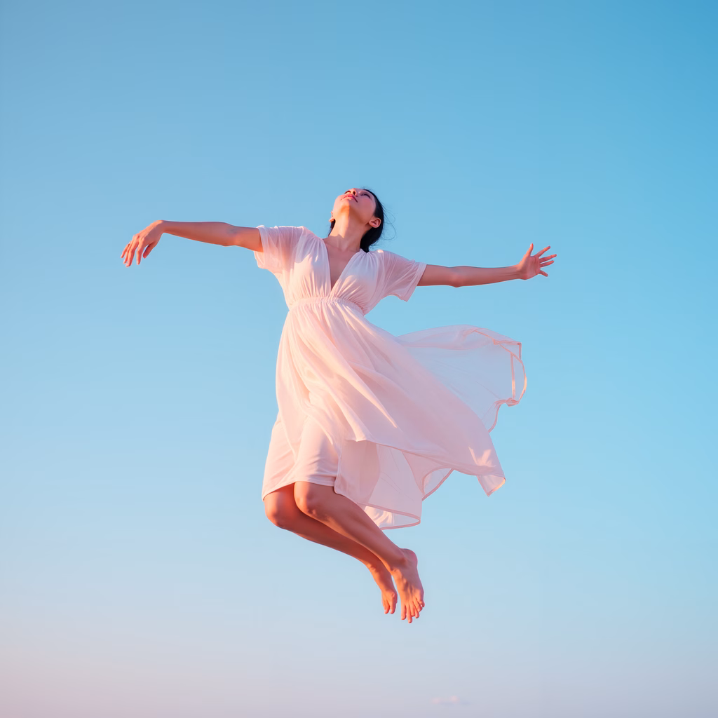 Joyful leap in a serene sky