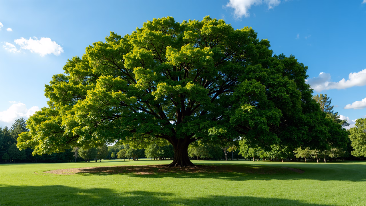 A majestic green tree under a bright blue sky, symbolizing nature's tranquility.