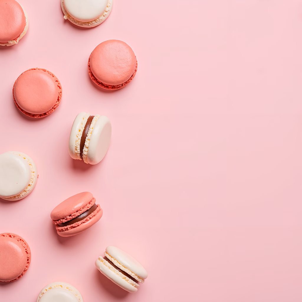 Delicate macarons on a soft pink backdrop, capturing the essence of French confectionery.